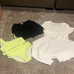 Neon Green Bikini Set and White and Black Crop Tops. Size 11-12
